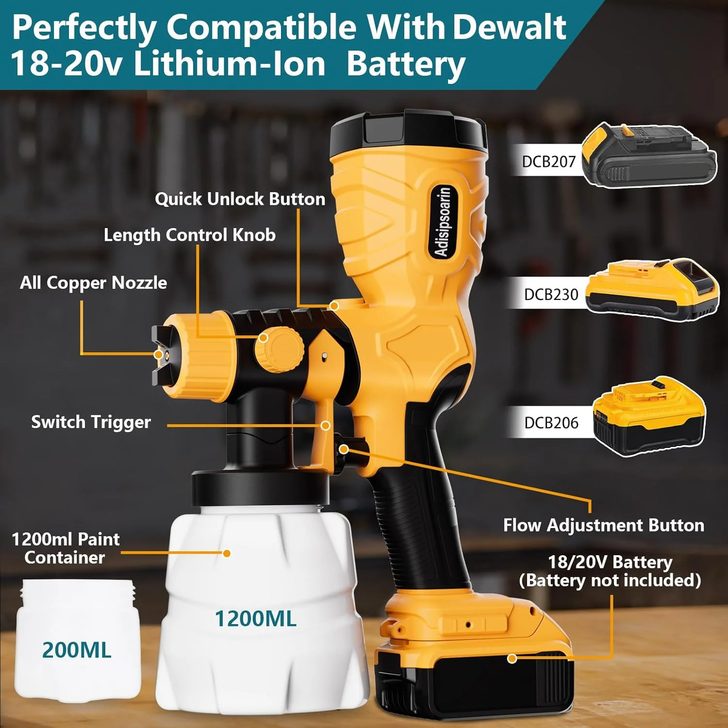 دستگاه رنگ پاش بادی 18 ولت آدیسیپسورین با سرعت بالا برای باتری 18 ولت Dewalt، دارای 2 مخزن، تمیز کردن آسان، برای رنگ آمیزی خانه، مبلمان (فقط ابزار) دستگاه رنگ پاش بادی 18 ولت آدیسیپسورین با سرعت بالا برای باتری 18 ولت Dewalt، دارای 2 مخزن، تمیز کردن آسان، برای رنگ آمیزی خانه، مبلمان (فقط ابزار)