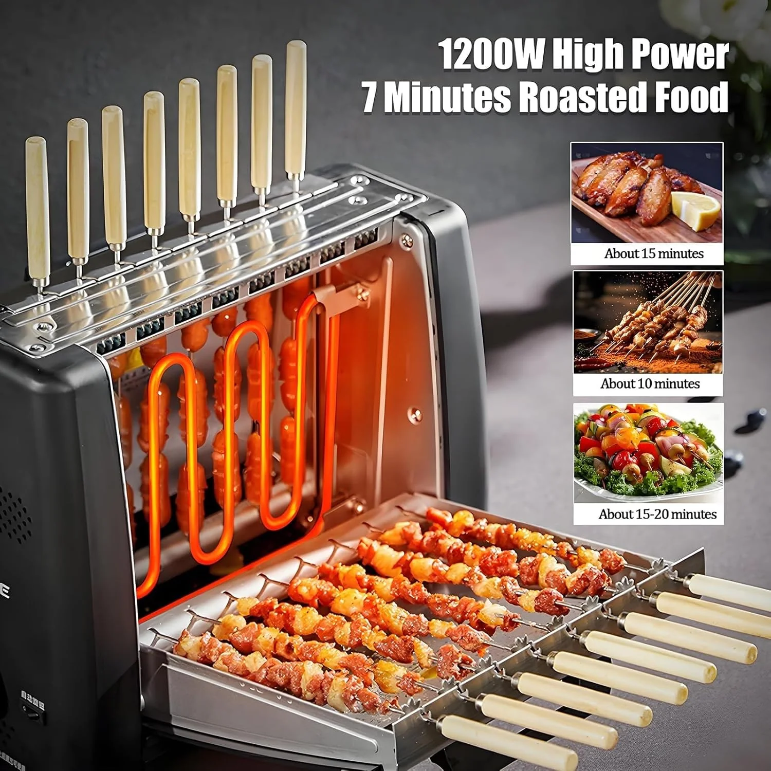 باربیکیو برقی چرخشی، گریل عمودی با چرخش اتوماتیک 360 درجه، 1200 وات بدون دود با تایمر و طعم دهنده مرکزی، کنترل دوگانه دما، شیشه شفاف (32B)