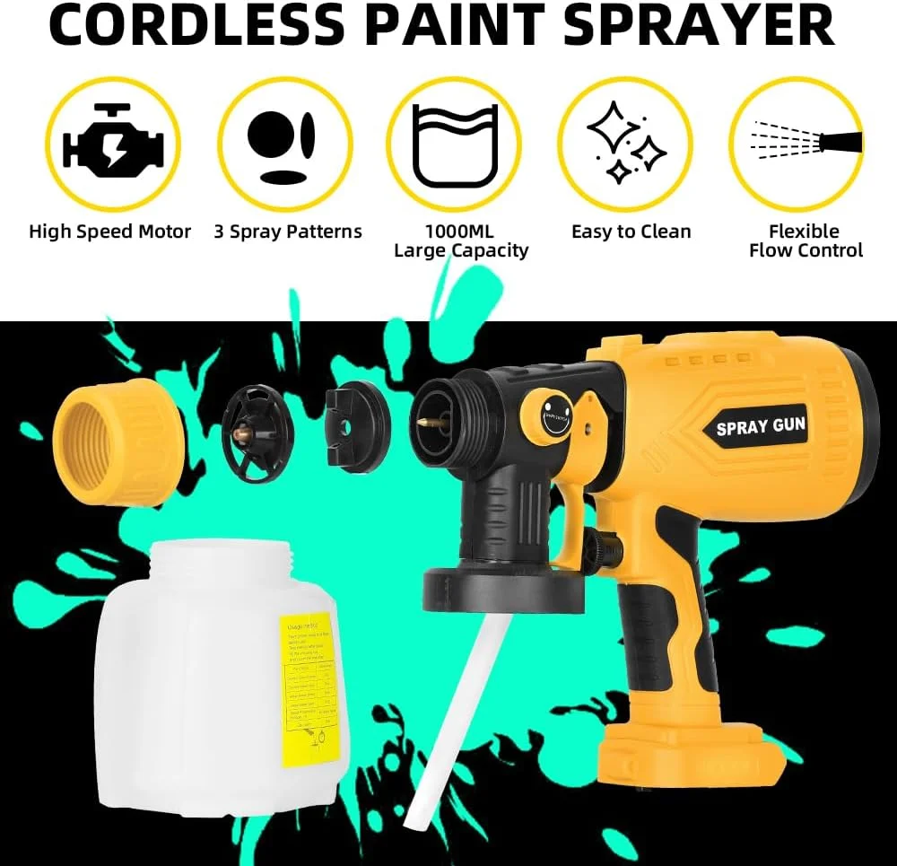 دستگاه رنگ پاش سازگار با باتری 20 ولت DeWalt، ابزار تفنگ رنگ پاش HVLP 200 واتی با موتور بدون جاروبک و نازل مسی، تمیز کردن آسان، برای مبلمان، حصار، دیوارها، سقف، درب و غیره (بدون باتری)