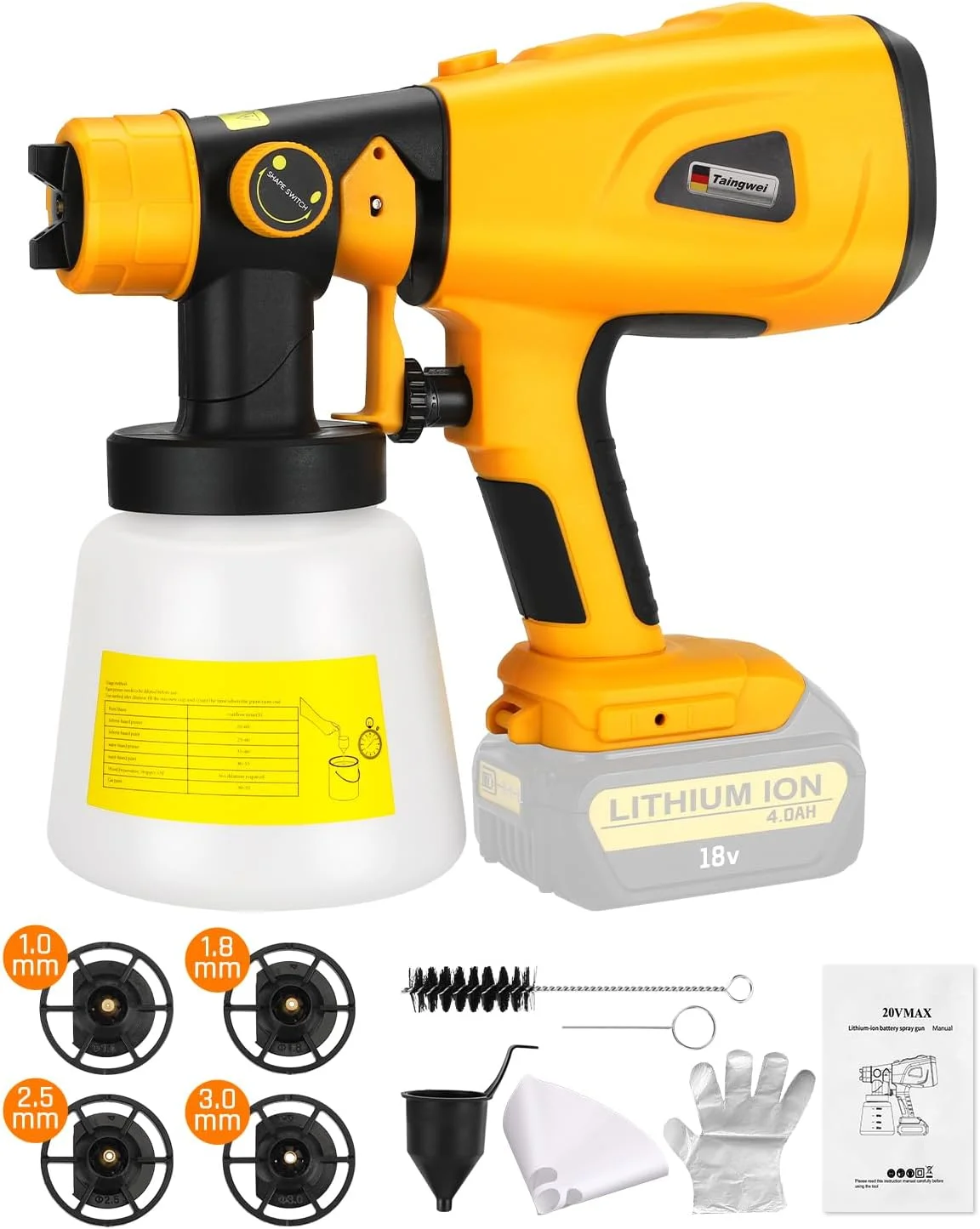 پیستوله رنگ پاش بی سیم Taingwei مناسب باتری های 20 ولت و 60 ولت Dewalt، پیستوله رنگ پاش HVLP 200 وات با موتور براشلس برای کابینت، خودرو، دیوار، مبلمان و رنگ آمیزی خانه (فقط ابزار)
