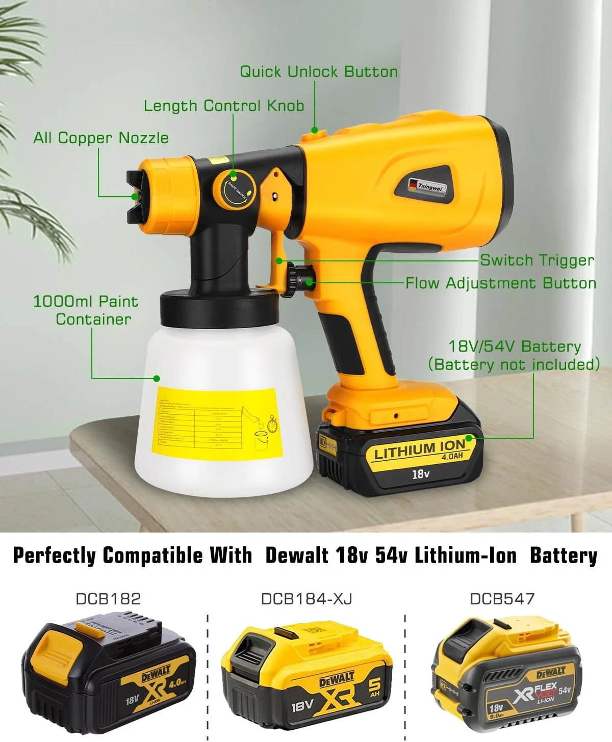 پیستوله رنگ پاش بی سیم Taingwei مناسب باتری های 20 ولت و 60 ولت Dewalt، پیستوله رنگ پاش HVLP 200 وات با موتور براشلس برای کابینت، خودرو، دیوار، مبلمان و رنگ آمیزی خانه (فقط ابزار) پیستوله رنگ پاش بی سیم Taingwei مناسب باتری های 20 ولت و 60 ولت Dewalt، پیستوله رنگ پاش HVLP 200 وات با موتور براشلس برای کابینت، خودرو، دیوار، مبلمان و رنگ آمیزی خانه (فقط ابزار)