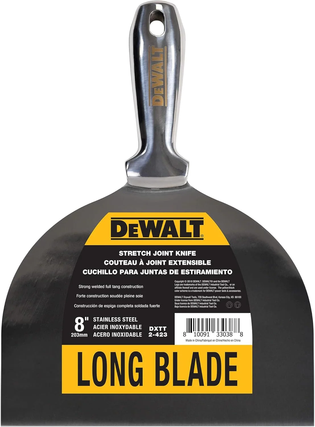 کاردک درزگیر استیل یک تکه 8 اینچی DEWALT | درجه حرفه ای، لبه دقیق، ارگونومیک و مقاوم در برابر خوردگی | 2-423