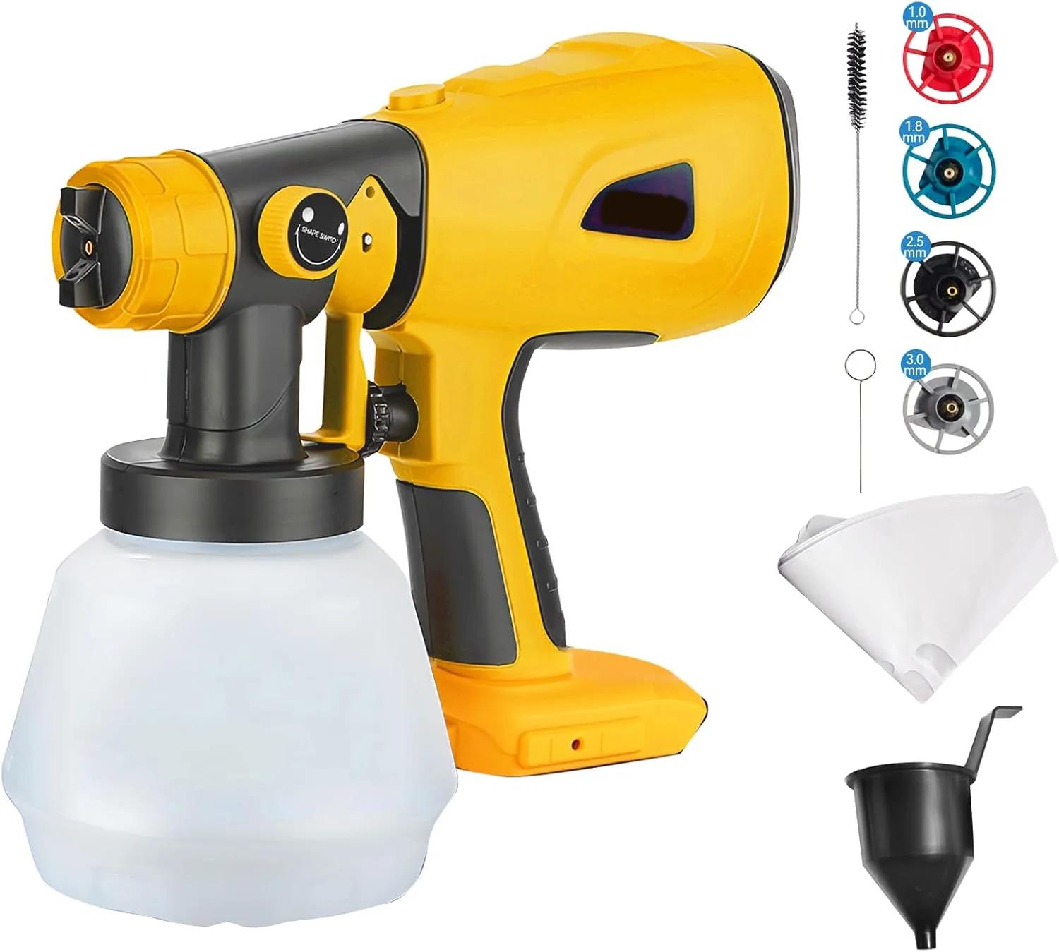 دستگاه رنگ پاش شارژی مناسب باتری های 18 و 20 ولت Dewalt، تفنگ رنگ پاش برقی دستی HVLP براشلس با 4 نازل، 3 الگو و مخزن 1000 میلی لیتری برای حصارکشی، عرشه، دیوار و مبلمان