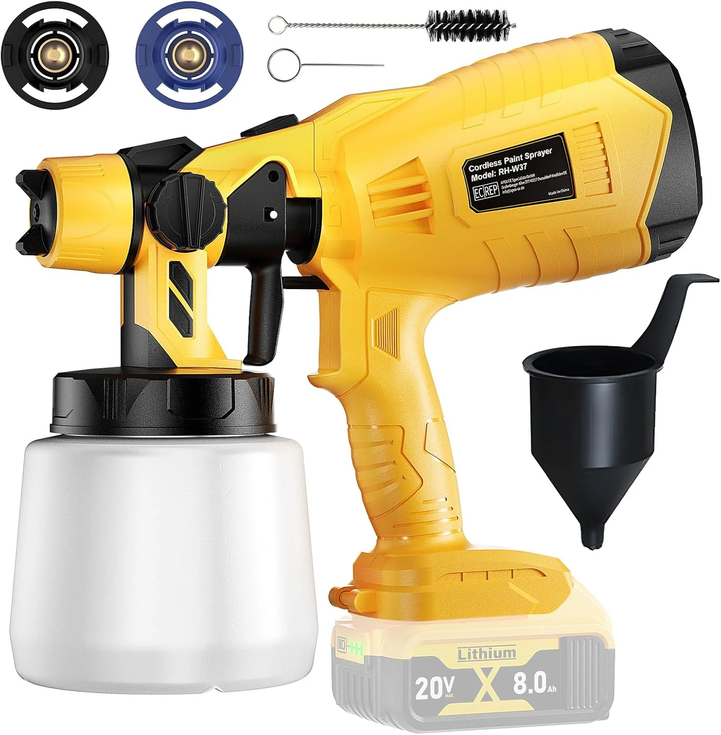 سیستم رنگ پاش بی سیم باتری خور مناسب باتری 20 ولت Dewalt (بدون باتری) برای حصارها و عرشه ها، تفنگ رنگ پاش باتری خور، رنگ پاش دستی با 2 نازل و مخزن 1 لیتری قابل جابجایی برای کارهای DIY خانگی