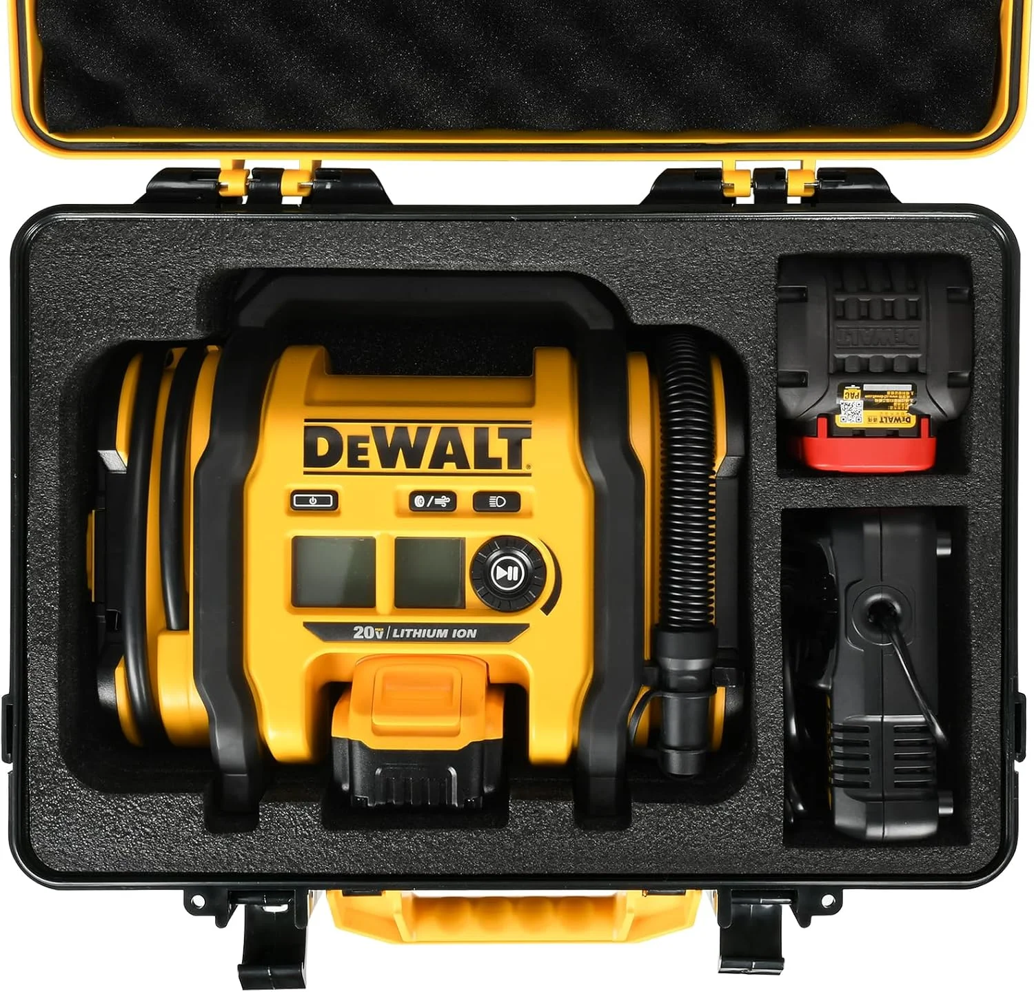 کیف کمپرسور هوا برای پمپ باد DEWALT 20V MAX مدل DCC020IB - کیف نگهداری پمپ باد ضد آب با پوسته سخت سازگار با پمپ باد DEWALT، بسته باتری 20 ولت 2.0 تا 9.0 آمپر ساعت و شارژرها (فقط کیف)