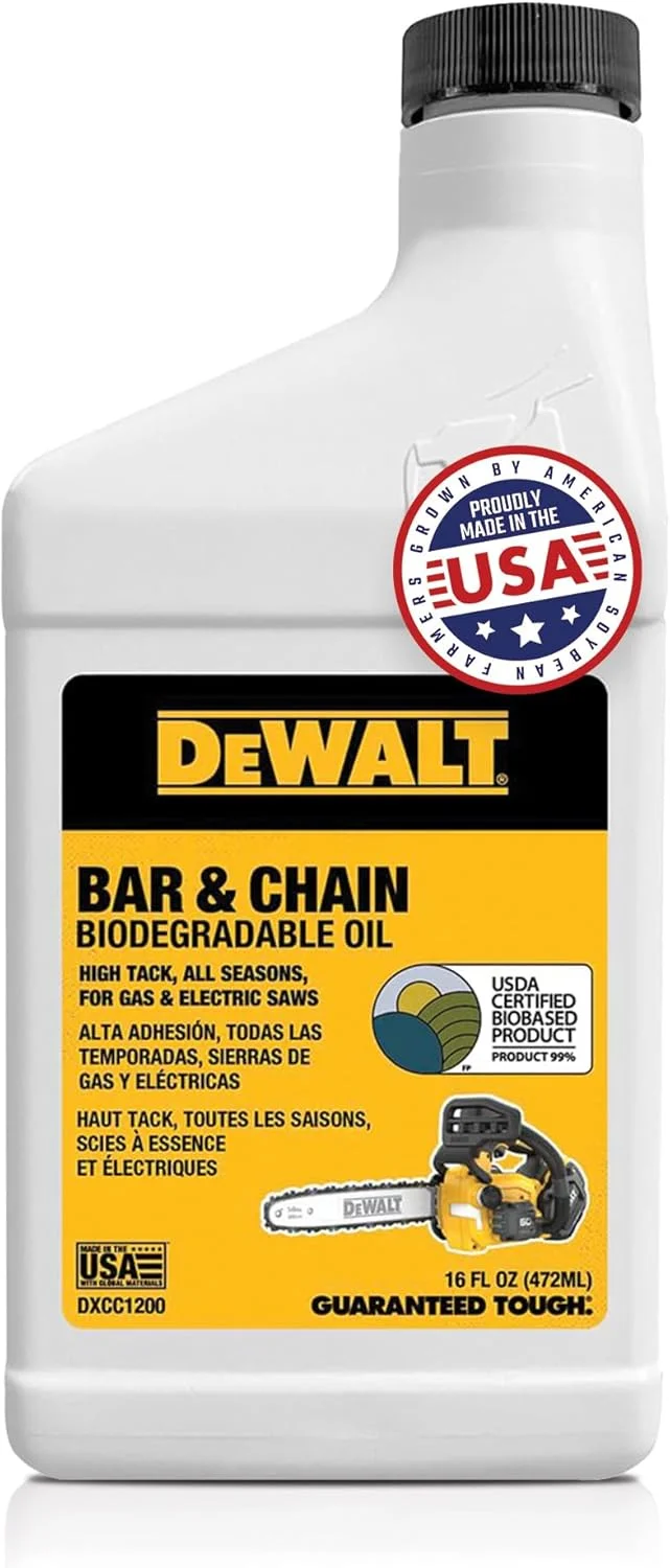 روغن زنجیر اره موتوری تجزیه‌پذیر DEWALT، روان کننده حرفه ای غیر سمی با عملکرد بالا، سبز، سازگار با محیط زیست، فوق العاده تمیز، روغن کاری میله و زنجیر مناسب تمام فصول، 473 میلی لیتر