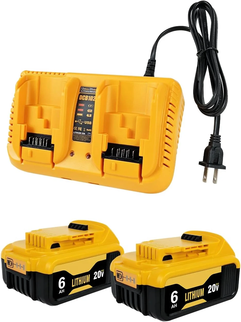 بسته 2 عددی باتری جایگزین 6.0 آمپر ساعتی برای باتری 20 ولت مکس Dewalt و شارژر همراه با شارژر باتری دو پورت DCB102 مناسب برای تمام باتری های OEM 12V/14.4V/20V