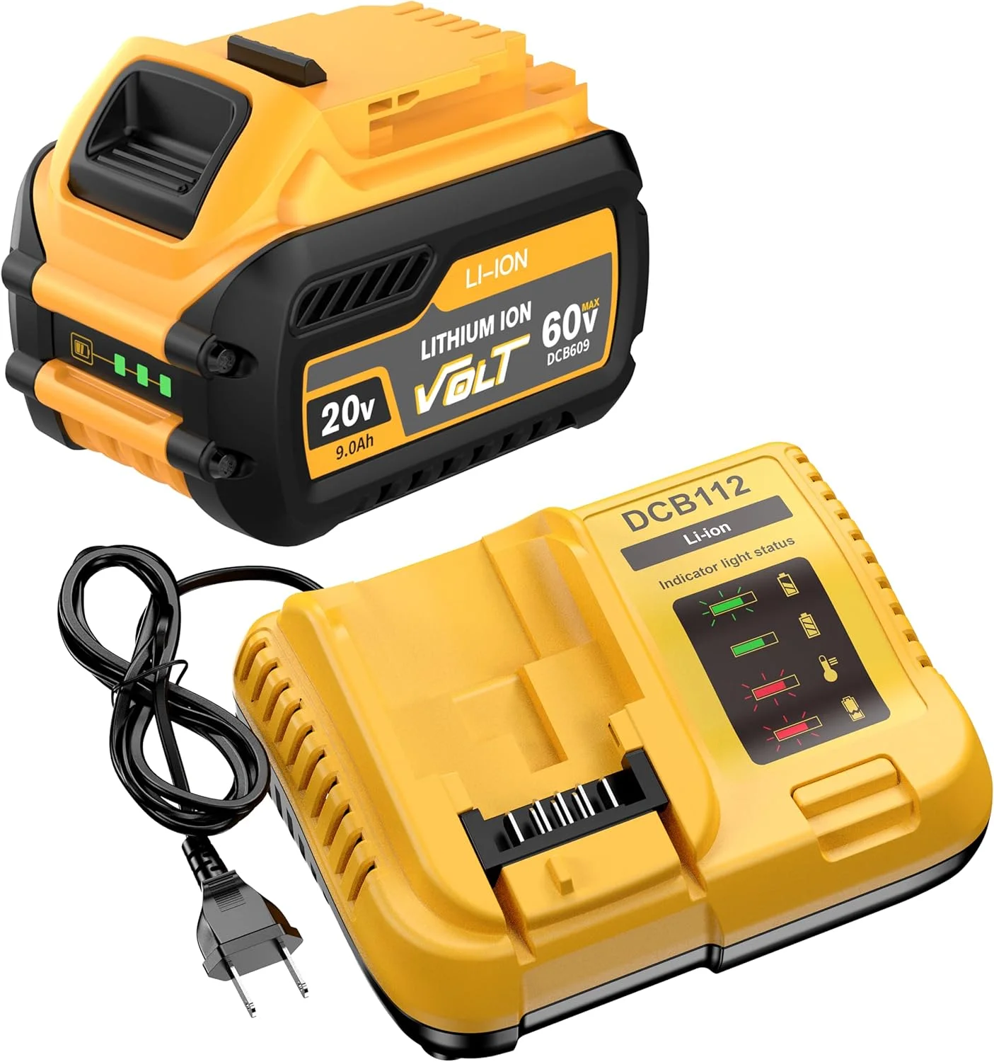 باتری جایگزین برای Dewalt 20v max 9.0Ah به همراه شارژر، باتری ابزار بی سیم لیتیوم مکس XR مدل DCB609 DCB180 DCB205 DCB206 DCB206-2 DCB200 DCB204 DCB203 DCB201 DCB207 بسته 2 عددی