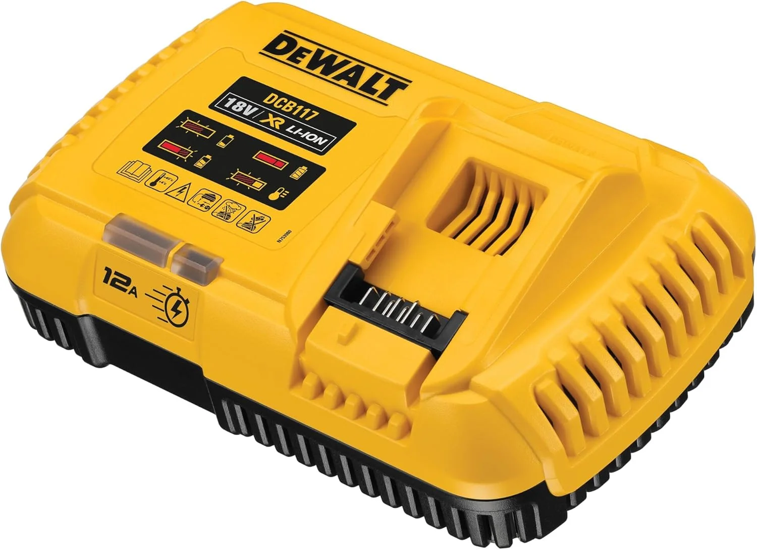 سیستم شارژر سریع Dewalt DCB117 (مناسب برای تمام باتری های 18 ولت از جمله XR Flexvolt، با جریان شارژ 12 آمپر، فرآیند شارژ 2 مرحله ای از باتری محافظت می کند، نمایشگر LED فرآیندهای شارژ، مناسب)