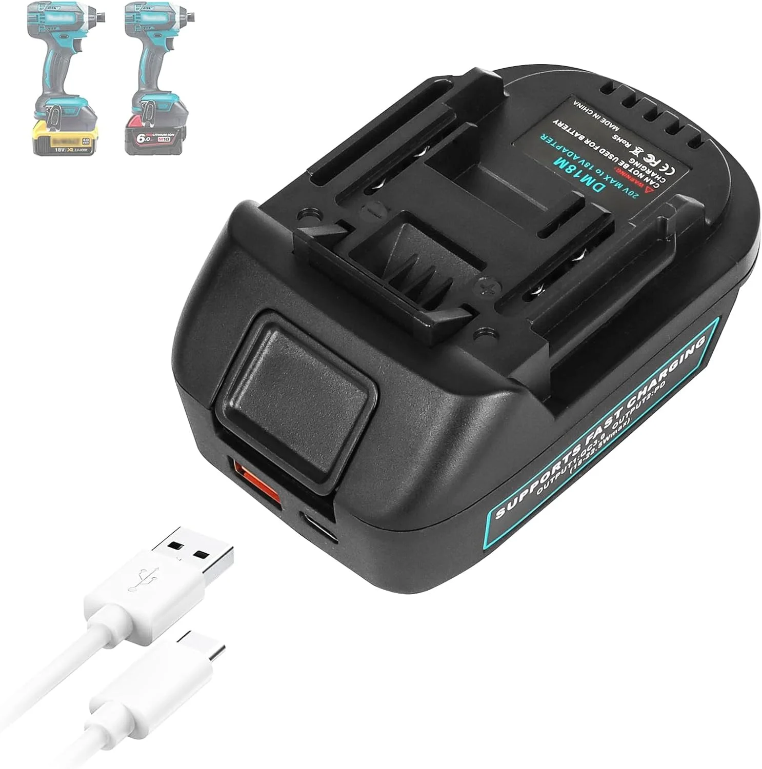ZLWAWAOL DM18M Battery Adapter with USB & Type-C Charging Socket for Dewalt 20V & Milwaukee 18V M18 Lithium Battery Convert to Makita 18V Battery BL1830 BL1840 BL1850 (Adapter Only)