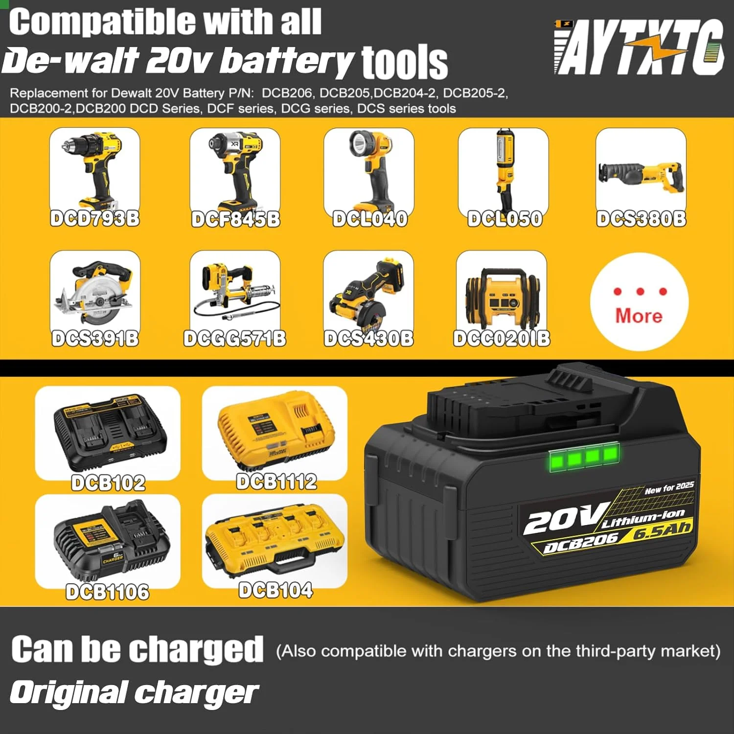 AYTXTG بسته 2 عددی باتری 20 ولت 6.5 آمپر جایگزین برای باتری 20 ولت Dewalt + شارژر DCB118 سازگار با باتری 20 ولت Dewalt AYTXTG بسته 2 عددی باتری 20 ولت 6.5 آمپر جایگزین برای باتری 20 ولت Dewalt + شارژر DCB118 سازگار با باتری 20 ولت Dewalt