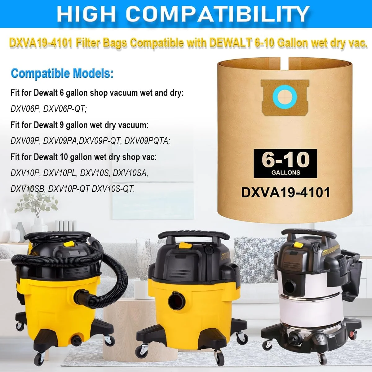بسته 10 عددی کیسه جاروبرقی DXVA19-4101 مناسب برای جاروبرقی های تر و خشک 6، 8، 9 و 10 گالن DEWALT؛ کیسه های 6-10 گالن برای مدل های DXV06P، DXV09P، DXV09P-QT، DXV10P، DXV10S، DXV10SA، کیسه های فیلتر گرد و غبار یکبار مصرف با راندمان بالا