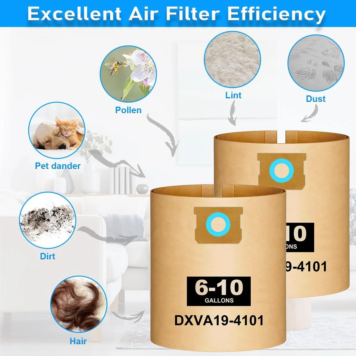 بسته 10 عددی کیسه جاروبرقی DXVA19-4101 مناسب برای جاروبرقی های تر و خشک 6، 8، 9 و 10 گالن DEWALT؛ کیسه های 6-10 گالن برای مدل های DXV06P، DXV09P، DXV09P-QT، DXV10P، DXV10S، DXV10SA، کیسه های فیلتر گرد و غبار یکبار مصرف با راندمان بالا