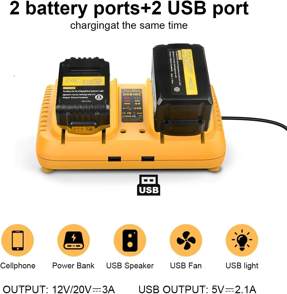شارژر باتری جایگزین JAOGAUS برای باتری های 12 تا 18 ولت Dewalt، شارژر سریع 2 پورت سازگار با ابزارهای سری Dewalt DCB باتری لیتیومی 18 ولت، سازگار با DCB203 204 205 206 201 120 127