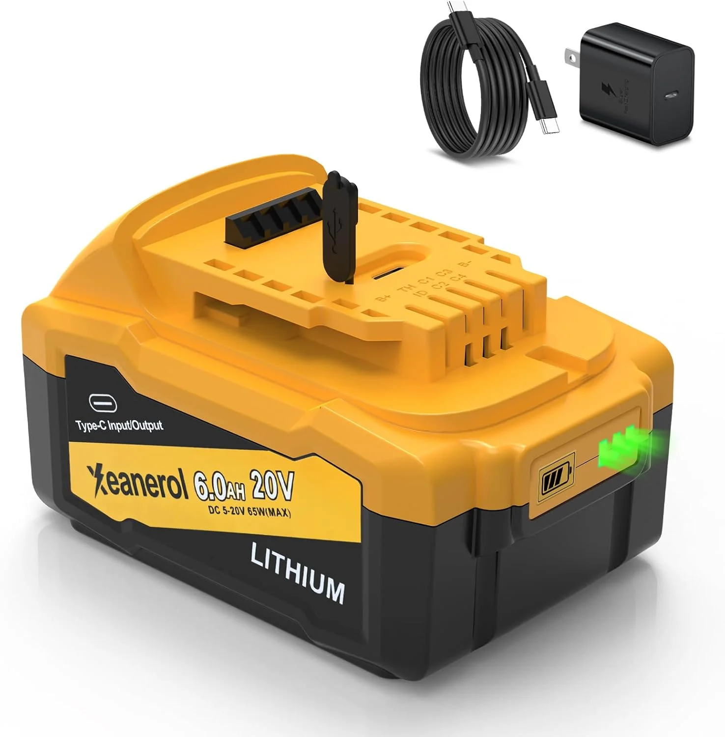 باتری جایگزین Xeanerol 20V MAX 6.0Ah برای باتری 20 ولت مکس Dewalt 65W با پورت ورودی/خروجی USB C، باتری لیتیوم یونی 20 ولت 6000 میلی آمپر ساعت سازگار با تمام ابزارهای بی سیم Dewalt، با آداپتور برق USB C