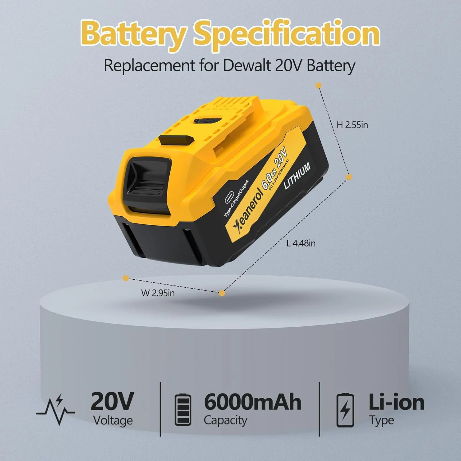 باتری جایگزین Xeanerol 20V MAX 6.0Ah برای باتری 20 ولت مکس Dewalt 65W با پورت ورودی/خروجی USB C، باتری لیتیوم یونی 20 ولت 6000 میلی آمپر ساعت سازگار با تمام ابزارهای بی سیم Dewalt، با آداپتور برق USB C باتری جایگزین Xeanerol 20V MAX 6.0Ah برای باتری 20 ولت مکس Dewalt 65W با پورت ورودی/خروجی USB C، باتری لیتیوم یونی 20 ولت 6000 میلی آمپر ساعت سازگار با تمام ابزارهای بی سیم Dewalt، با آداپتور برق USB C