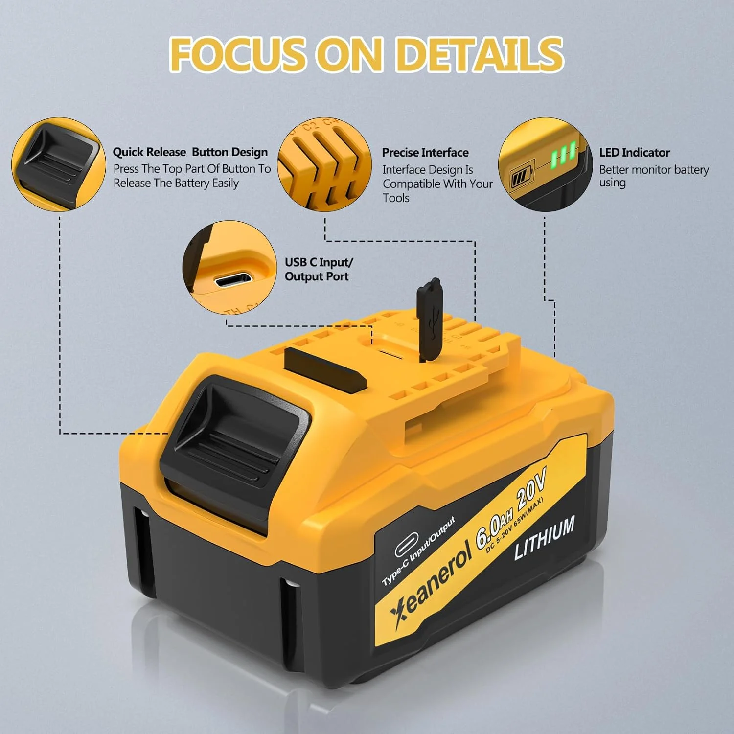 باتری جایگزین Xeanerol 20V MAX 6.0Ah برای باتری 20 ولت مکس Dewalt 65W با پورت ورودی/خروجی USB C، باتری لیتیوم یونی 20 ولت 6000 میلی آمپر ساعت سازگار با تمام ابزارهای بی سیم Dewalt، با آداپتور برق USB C باتری جایگزین Xeanerol 20V MAX 6.0Ah برای باتری 20 ولت مکس Dewalt 65W با پورت ورودی/خروجی USB C، باتری لیتیوم یونی 20 ولت 6000 میلی آمپر ساعت سازگار با تمام ابزارهای بی سیم Dewalt، با آداپتور برق USB C