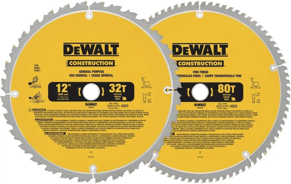 تیغه اره فارسی بر 12 اینچی DEWALT، برش عرضی، کاربید تنگستن، 80 دندانه، بسته 2 عددی (DW3128P5)