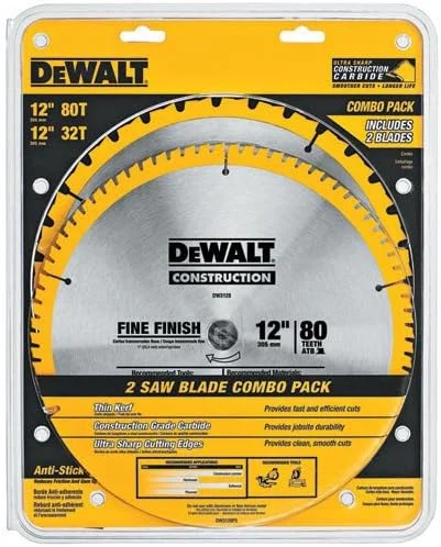 تیغه اره فارسی بر 12 اینچی DEWALT، برش عرضی، کاربید تنگستن، 80 دندانه، بسته 2 عددی (DW3128P5)