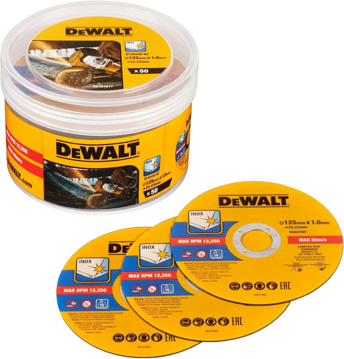 صفحه برش استیل Dewalt مدل DT20598-QZ (قطر 125 میلی متر x 1.0 میلی متر، برای برش های سریع و تمیز، برای سنگ فرز) بسته 50 عددی در سطل