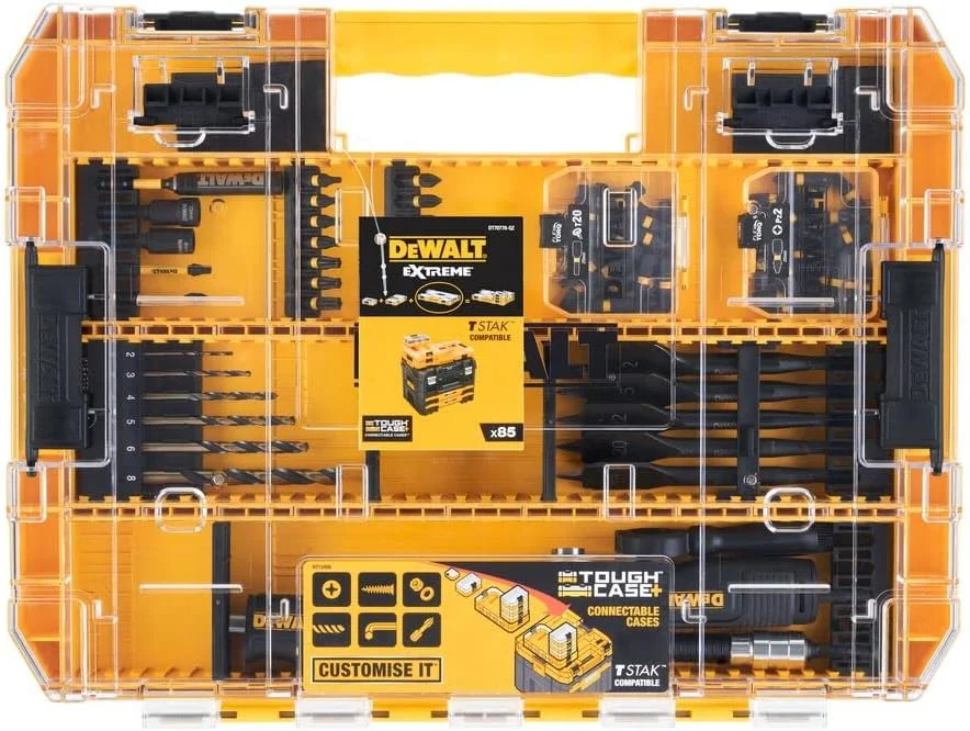 DEWALT DT70776-QZ جعبه بزرگ 85 تکه برای پیچ گوشتی و سوراخکاری به همراه اتصال زاویه ای انعطاف پذیر، نقره ای