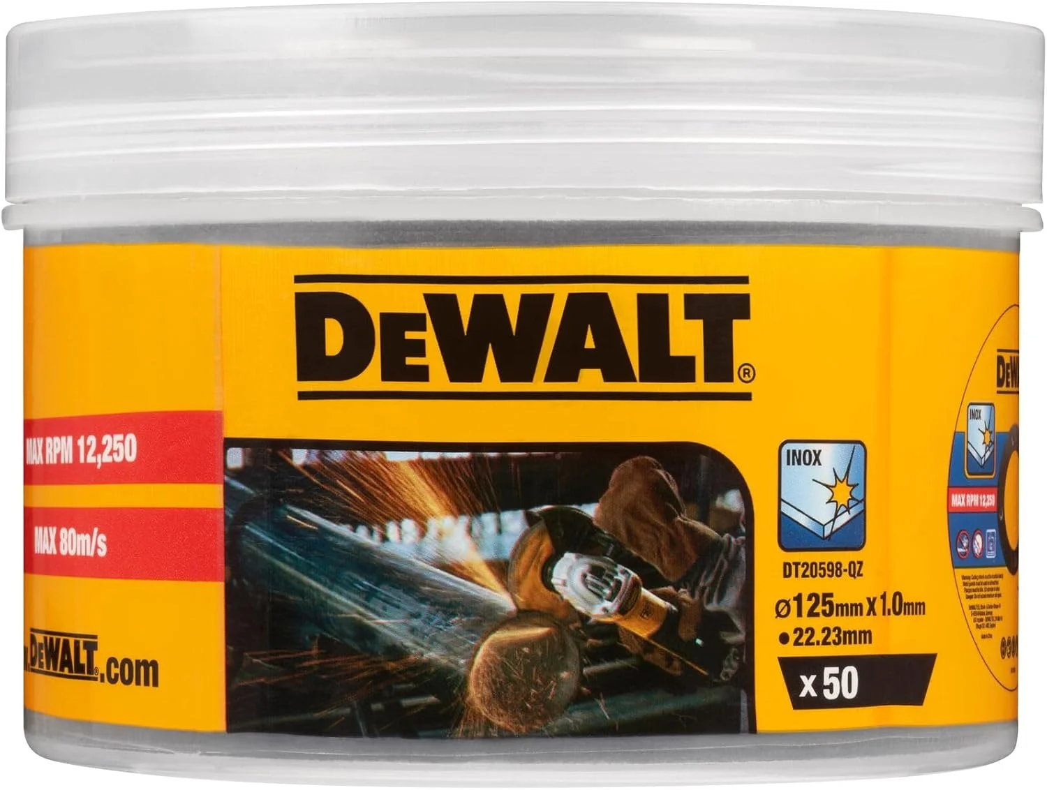 صفحه برش استیل Dewalt مدل DT20598-QZ (قطر 125 میلی متر x 1.0 میلی متر، برای برش های سریع و تمیز، برای سنگ فرز) بسته 50 عددی در سطل صفحه برش استیل Dewalt مدل DT20598-QZ (قطر 125 میلی متر x 1.0 میلی متر، برای برش های سریع و تمیز، برای سنگ فرز) بسته 50 عددی در سطل