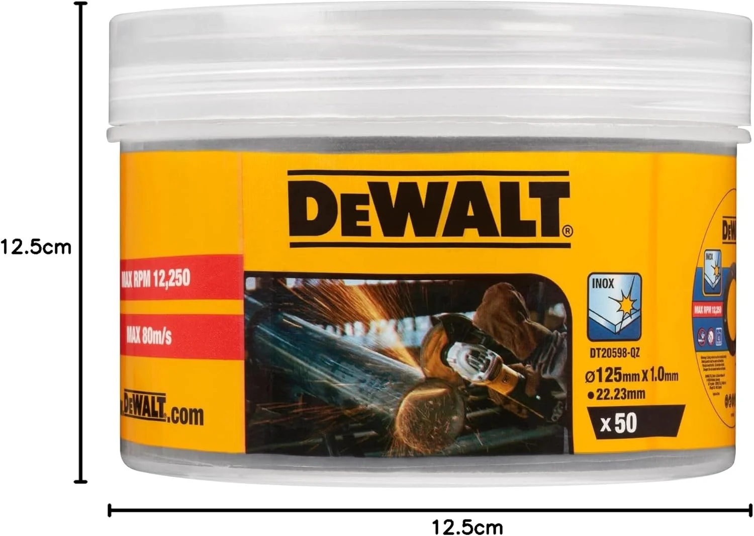 صفحه برش استیل Dewalt مدل DT20598-QZ (قطر 125 میلی متر x 1.0 میلی متر، برای برش های سریع و تمیز، برای سنگ فرز) بسته 50 عددی در سطل صفحه برش استیل Dewalt مدل DT20598-QZ (قطر 125 میلی متر x 1.0 میلی متر، برای برش های سریع و تمیز، برای سنگ فرز) بسته 50 عددی در سطل
