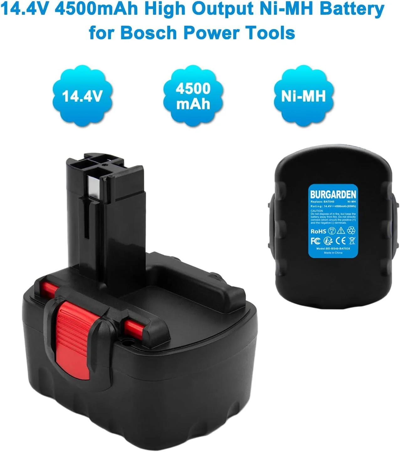 باتری نیکل-متال هیدرید BURGARDEN 14.4 ولت 4500 میلی آمپر ساعت برای بوش 14.4 ولت، باتری اولیه برای بوش BAT038 BAT040 BAT041 BAT140 BAT159 13614 2607335275 2607335711 2607335276 2607335276 355333 2607335534 2607335542