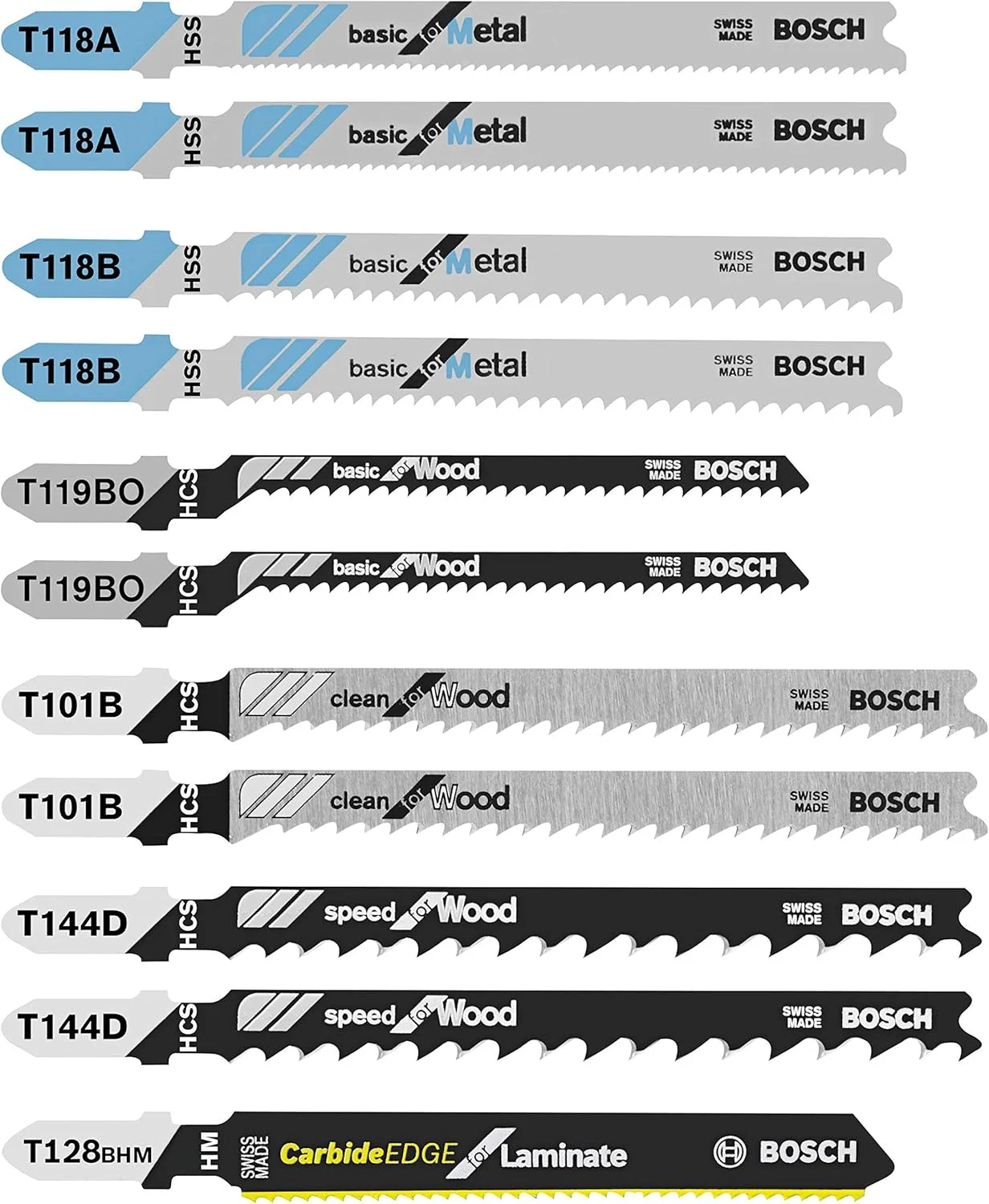 مجموعه تیغه اره عمود بر 11 عددی بوش مدل T11C مناسب برای لمینت، چوب و فلز با اتصال T شکل