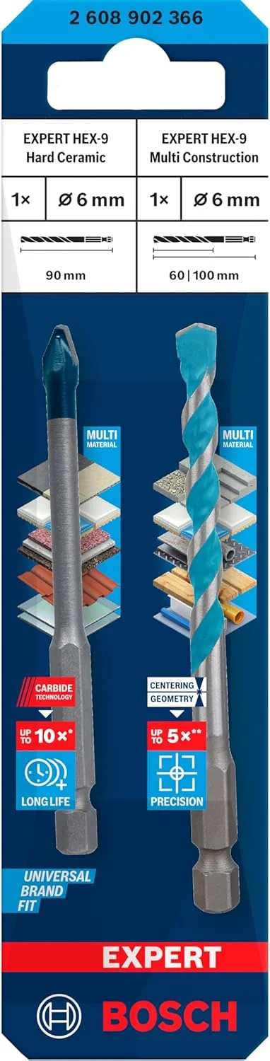 مجموعه دو عددی مته سرامیک سخت و چند منظوره بوش پروفشنال Expert HEX-9 (برای بتن، کاشی های نرم، قطر 6.0، 6.0 میلی متر، لوازم جانبی مته)