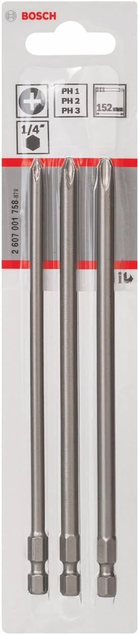 مجموعه 3 عددی سری پیچ گوشتی بوش پروفشنال 2607001758، فوق سخت PH1 PH2 PH3 152 میلی متر، نقره ای