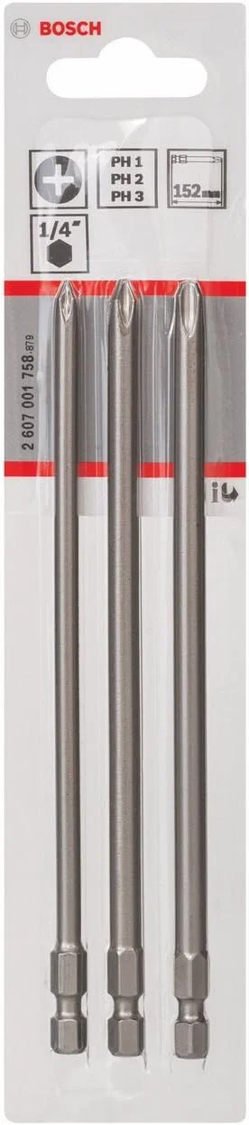 مجموعه 3 عددی سری پیچ گوشتی بوش پروفشنال 2607001758، فوق سخت PH1 PH2 PH3 152 میلی متر، نقره ای