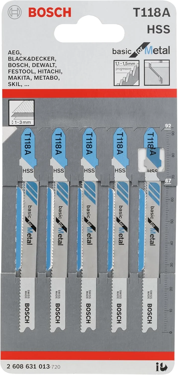 تیغه اره عمود بر بوش مدل T118A با گیره T مناسب برای فولاد 17-24 Tpi (بسته 5 عددی) (2608631013)، آبی، 16.3 سانتی متر X 0.8 سانتی متر X 2.7 سانتی متر
