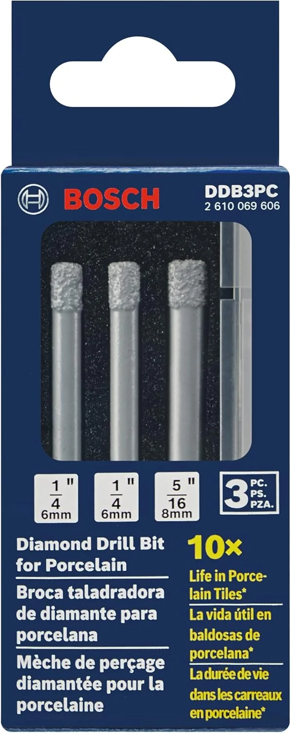 مجموعه سه عددی مته الماسه بوش مدل DDB3PC برای سوراخکاری خشک در کاشی های پرسلان و سنگ طبیعی