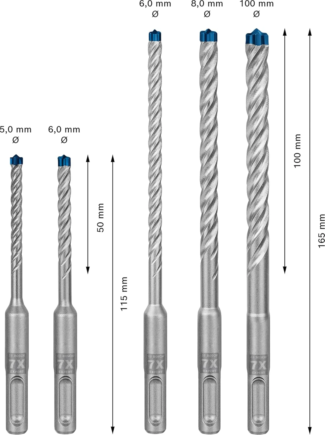 مجموعه مته چکش تخریب 5 عددی بوش پروفشنال Expert SDS plus-7X (برای بتن مسلح، Ø 5-10 میلی متر، لوازم جانبی چکش تخریب چرخشی)