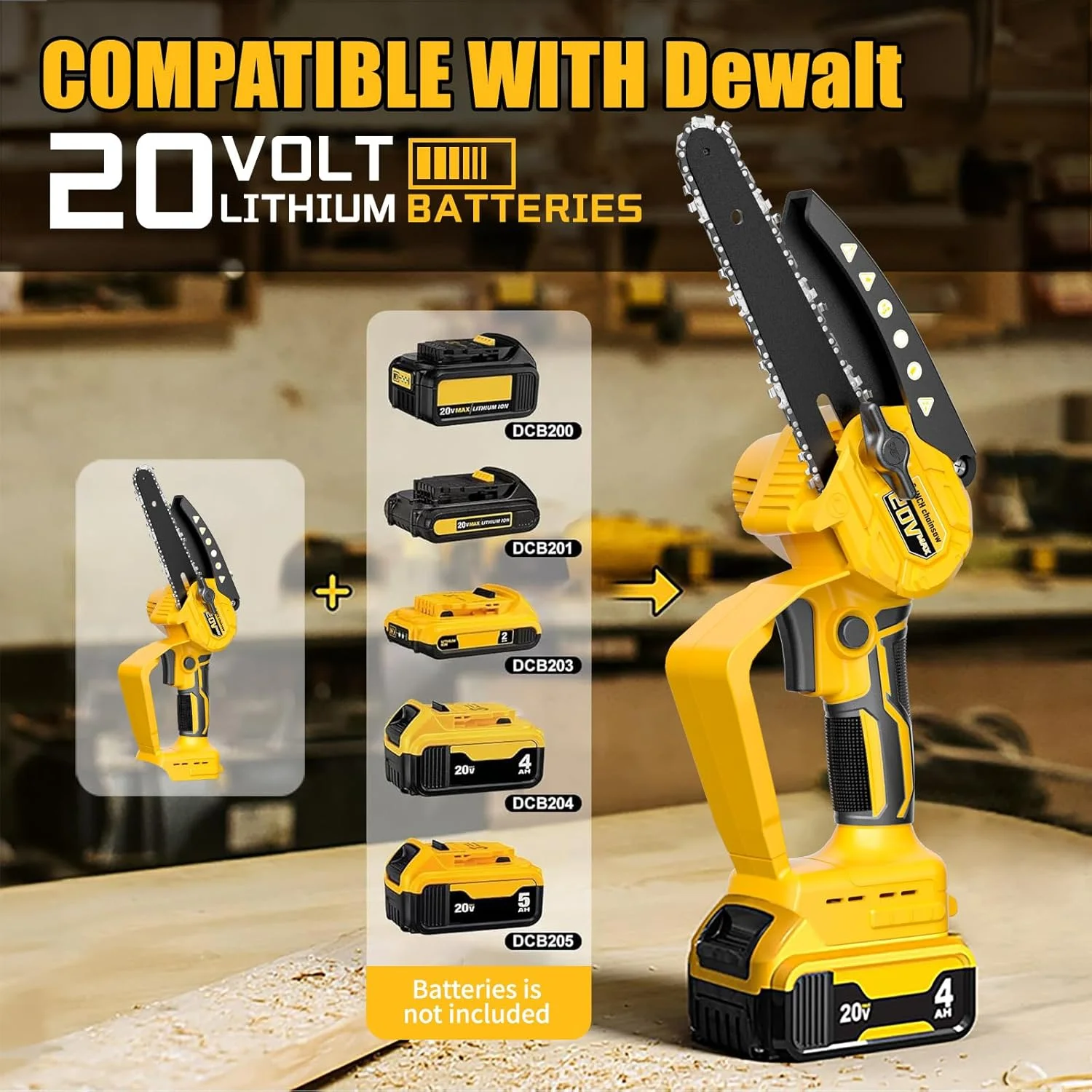 اره زنجیری کوچک سازگار با باتری 20 ولت Dewalt MAX، اره زنجیری هرس شارژی با قفل ایمنی و زنجیر جایگزین، با باتری برای برش چوب | هرس درخت | کمپینگ (باتری شامل می شود)