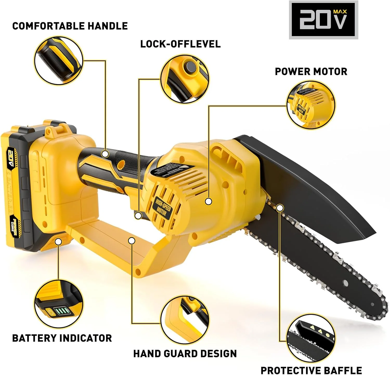 اره زنجیری کوچک سازگار با باتری 20 ولت Dewalt MAX، اره زنجیری هرس شارژی با قفل ایمنی و زنجیر جایگزین، با باتری برای برش چوب | هرس درخت | کمپینگ (باتری شامل می شود)