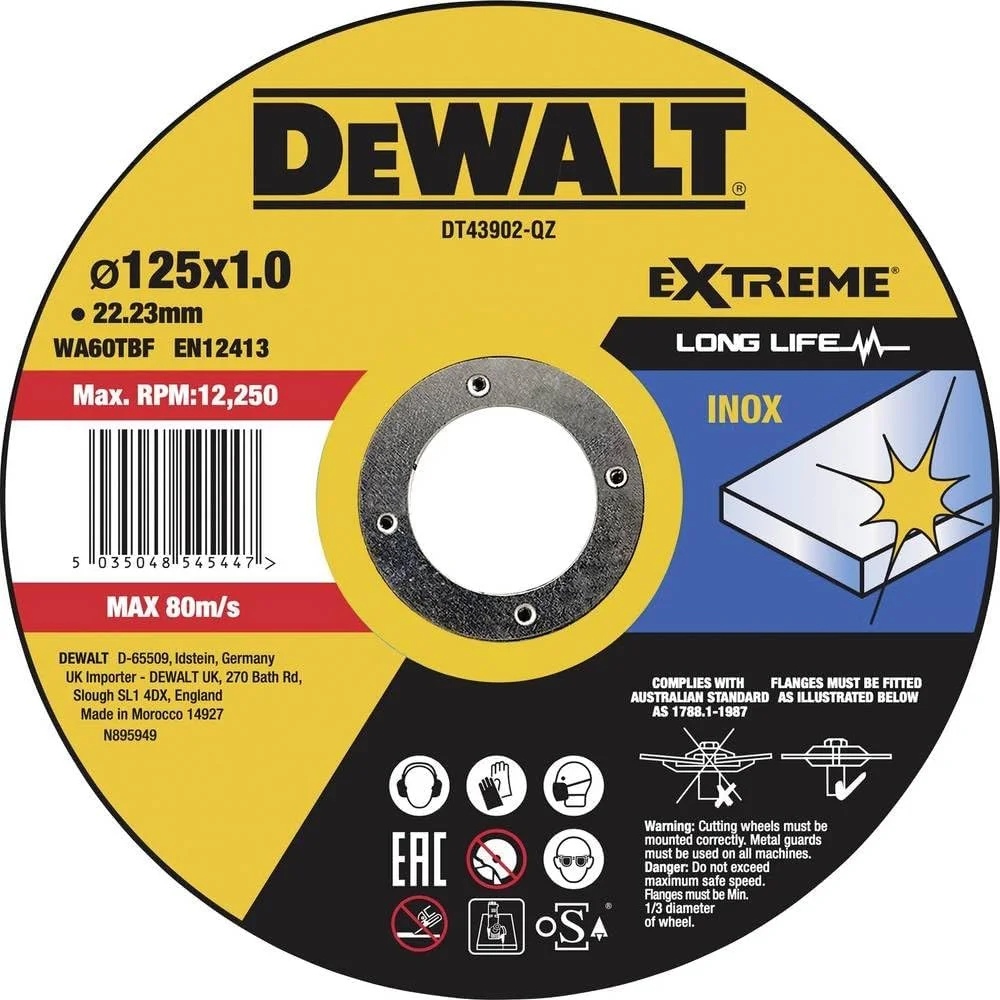 صفحه برش استیل DEWALT DT43902-QZ با دانه های اکسید آلومینیوم حرفه ای برش سریع 125 x 1 x 22.23 میلی متر، مشکی/زرد صفحه برش استیل DEWALT DT43902-QZ با دانه های اکسید آلومینیوم حرفه ای برش سریع 125 x 1 x 22.23 میلی متر، مشکی/زرد