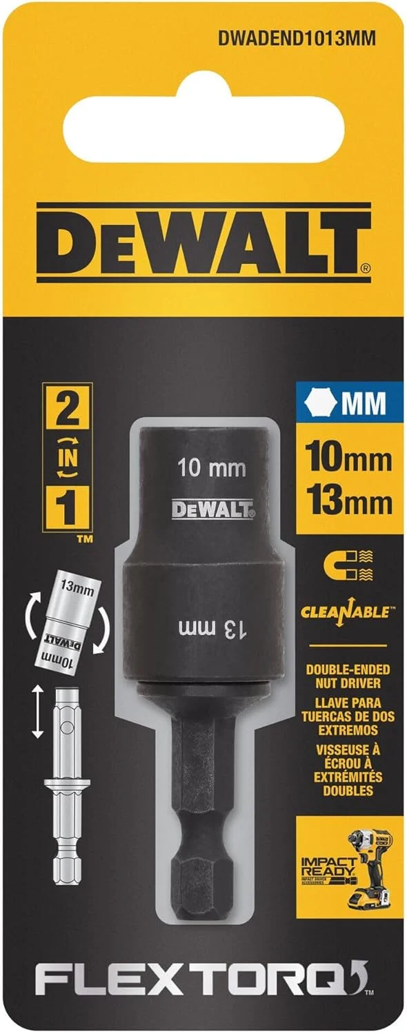 بکس و رابط کوتاه فلکستورک دیوالت، 2 در 1، 10 و 13 میلی متر، مهره گیر دو سر (DWADEND1013MM)