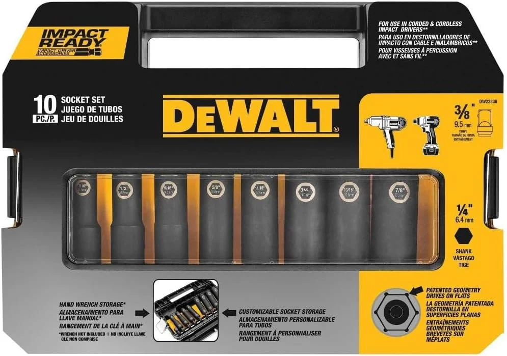 مجموعه آچار بکس ضربه ای Dewalt، SAE، 3/8 اینچ، 10 تکه (Dw22838) مجموعه آچار بکس ضربه ای Dewalt، SAE، 3/8 اینچ، 10 تکه (Dw22838)