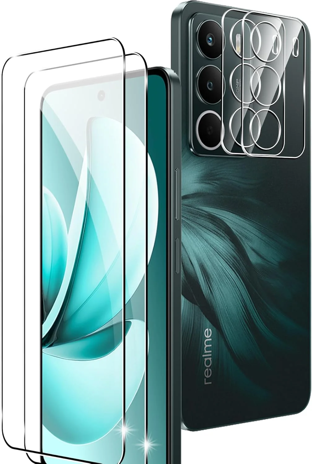 محافظ صفحه نمایش شیشه ای حرارت دیده Rojeuinn برای Realme C71، بسته 2 عددی محافظ شیشه ای با جایگاه یاب + 2 عدد محافظ دوربین، محافظ صفحه نمایش ضد خش با سختی 9H، صفحه نمایش HD
