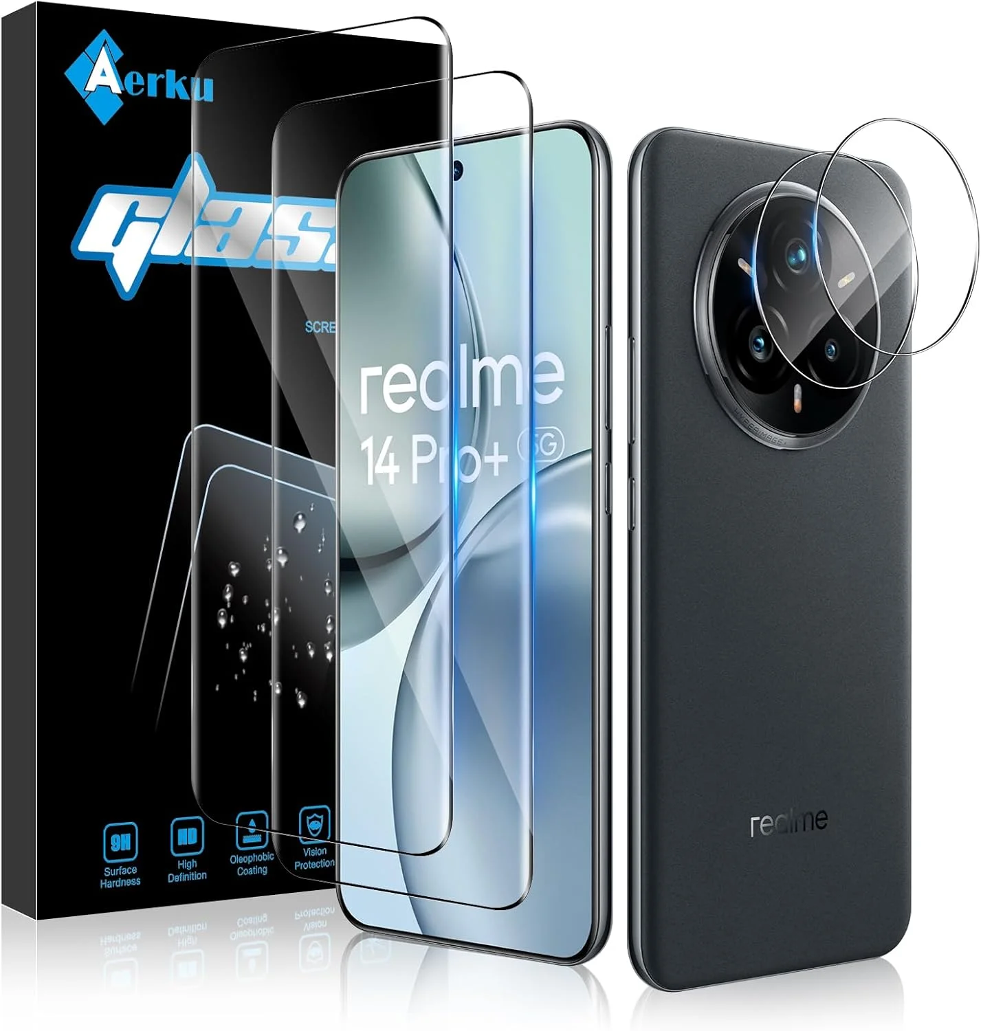 محافظ صفحه نمایش شیشه ای حرارت دیده Aerku برای Realme 14 Pro Plus به همراه محافظ دوربین پشتی [2+2 عدد]، سختی 9H، پوشش کامل سه بعدی