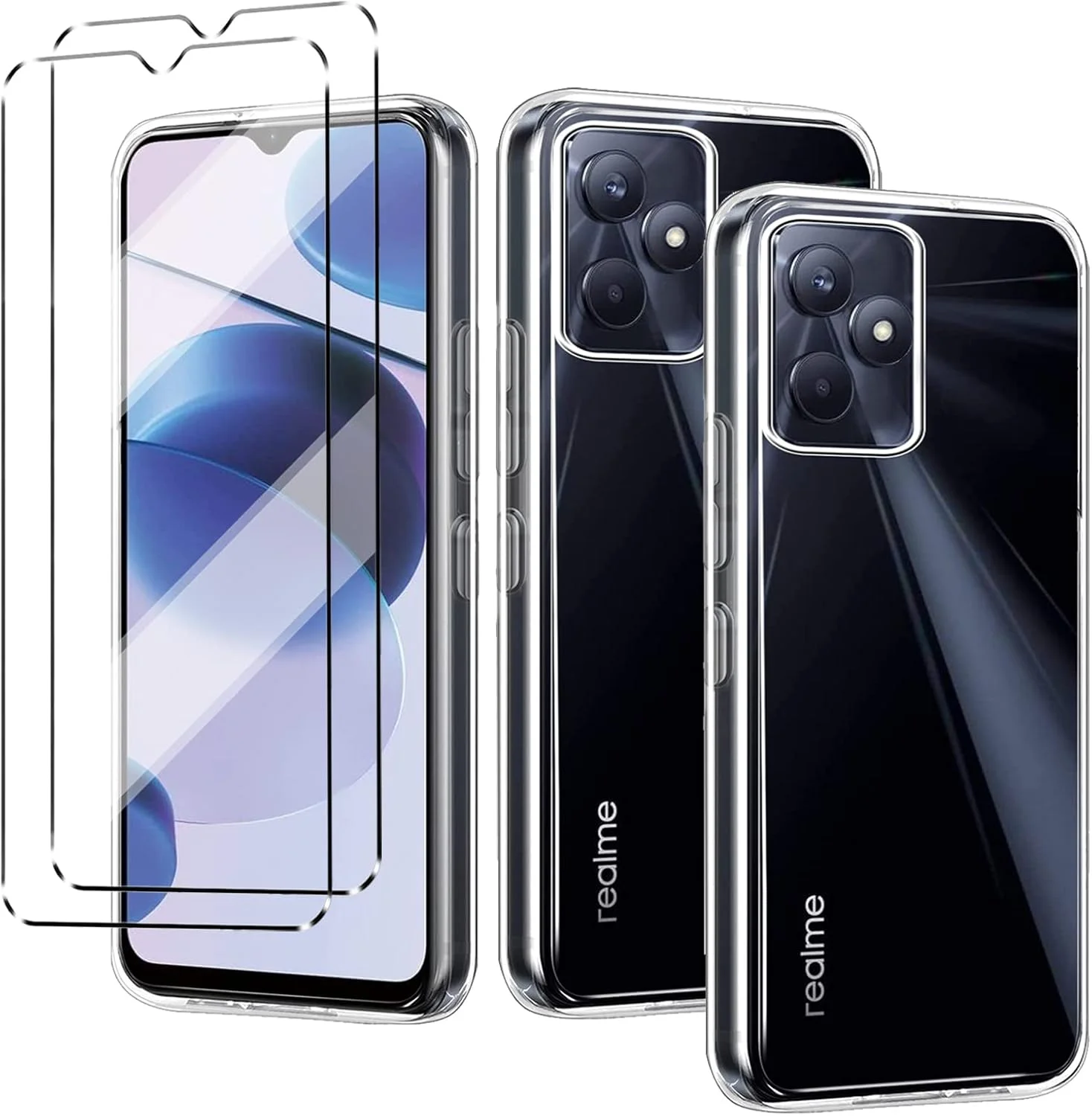 هویی‌یو‌ام‌وای، 2 عدد کاور و 2 عدد محافظ صفحه شیشه‌ای سازگار با Realme C51، کاور ضد ضربه به همراه محافظ صفحه شیشه‌ای حرارت‌دیده سازگار با Realme C51، شفاف