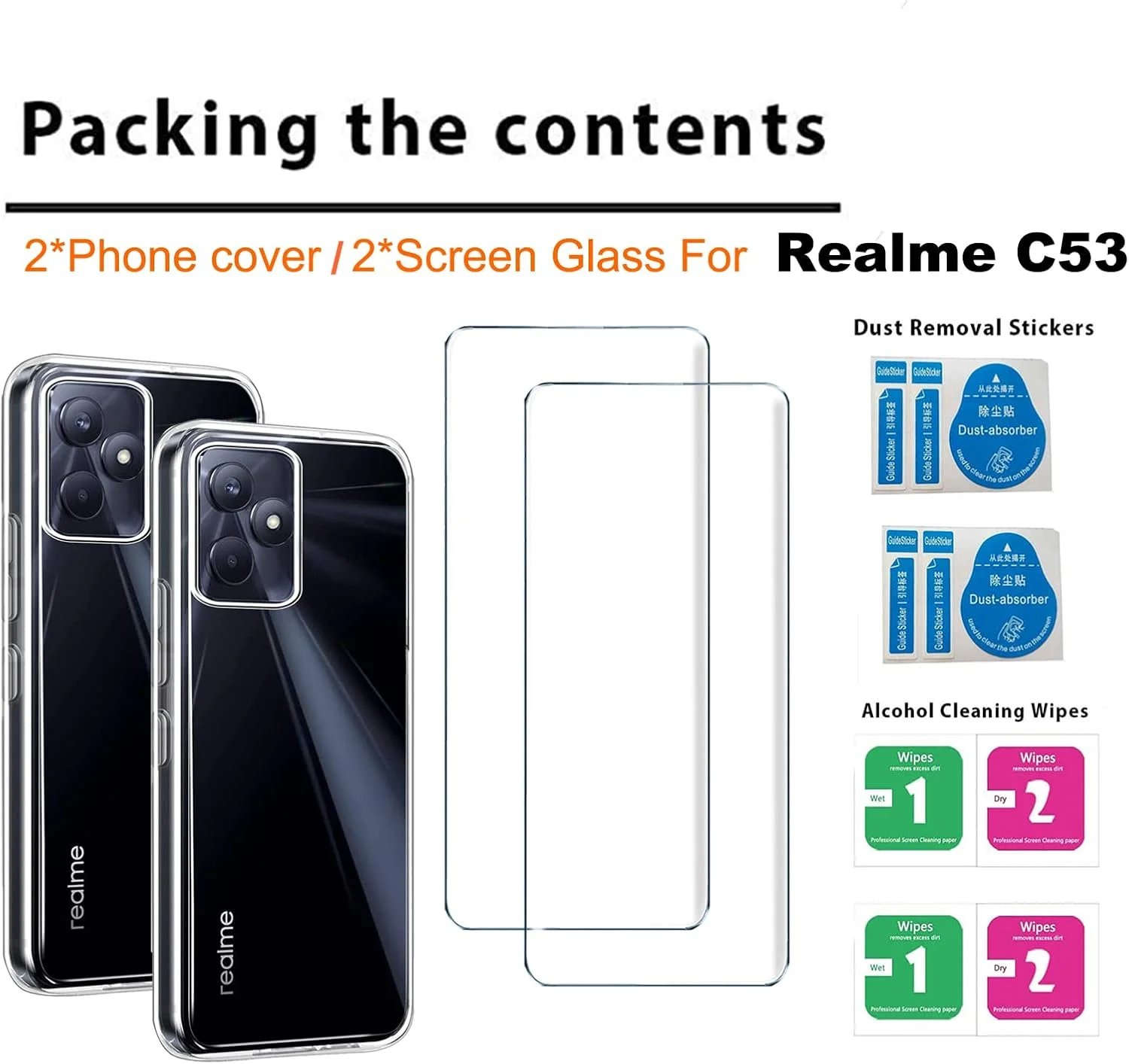 هویییواموای، 2 عدد کاور و 2 عدد محافظ صفحه شیشهای سازگار با Realme C51، کاور ضد ضربه به همراه محافظ صفحه شیشهای حرارتدیده سازگار با Realme C51، شفاف هویییواموای، 2 عدد کاور و 2 عدد محافظ صفحه شیشهای سازگار با Realme C51، کاور ضد ضربه به همراه محافظ صفحه شیشهای حرارتدیده سازگار با Realme C51، شفاف