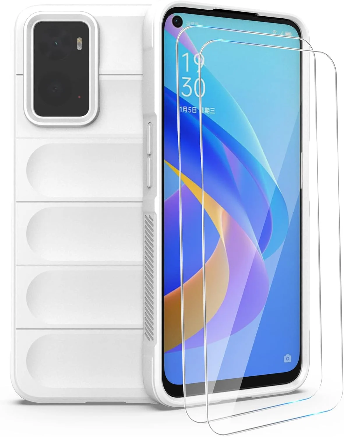 کاور محافظ گوشی GMUJIAO سازگار با Realme 9i، ضد لغزش، ضد ضربه، ضد خش به همراه 2 محافظ صفحه نمایش شیشه ای حرارت دیده - سفید