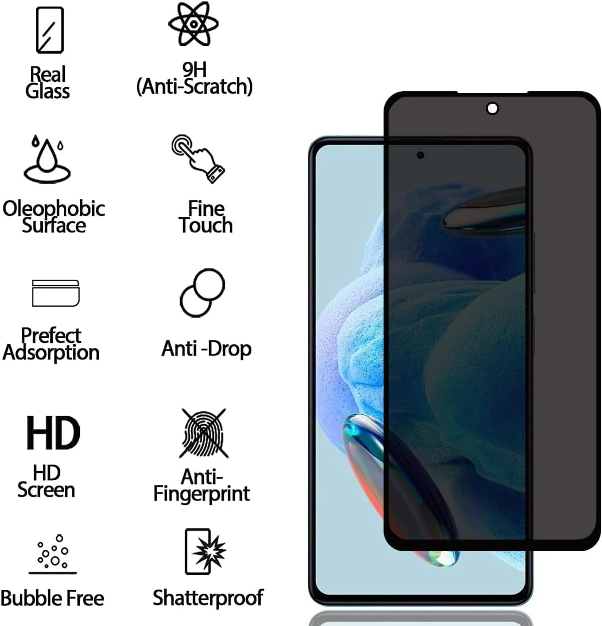 محافظ صفحه نمایش حریم خصوصی Fiokxie [بسته 2 عددی] برای Realme 12/ Realme 12X - محافظ صفحه نمایش حریم خصوصی تمام صفحه، فیلم شیشه ای حرارت دیده سه بعدی، سختی 9H ضد خش