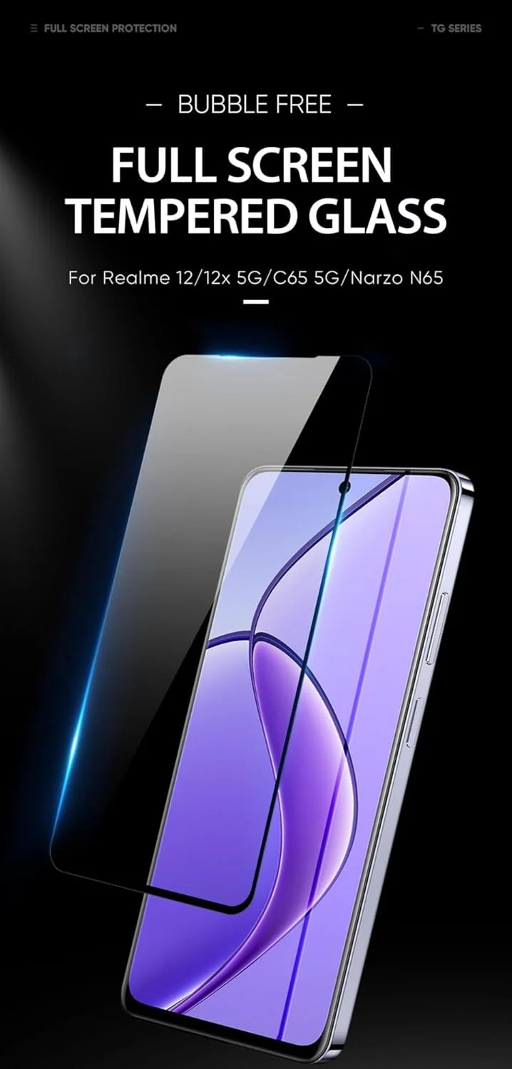 محافظ صفحه نمایش OIATROE [بسته 2 عددی] برای Realme 12/12x 5G/C65 5G، محافظ صفحه نمایش شیشه ای حرارت دیده فوق العاده باریک HD 2.5D Pro-Fit - مشکی