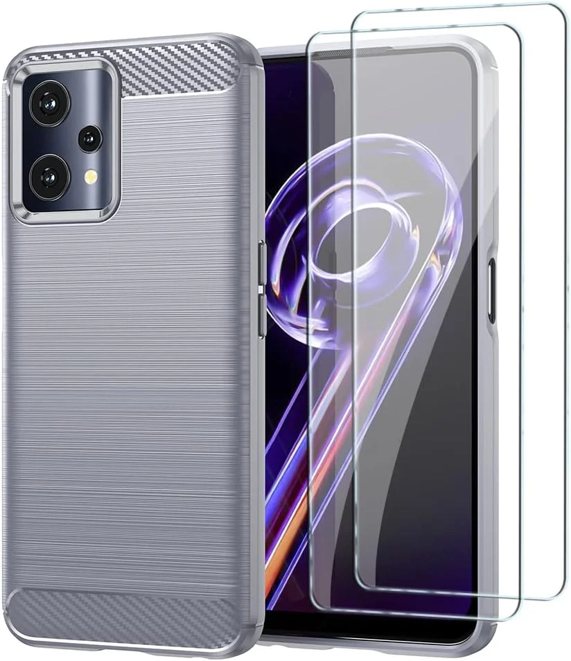 قاب محافظ گوشی QINOUK برای Realme 9، طراحی بافت برس خورده [ضد ضربه] [ضد اثر انگشت]، قاب ساخته شده از مواد TPU انعطاف پذیر به همراه محافظ صفحه نمایش شیشه ای حرارت دیده [2 عددی] سازگار با Realme 9 - خاکستری