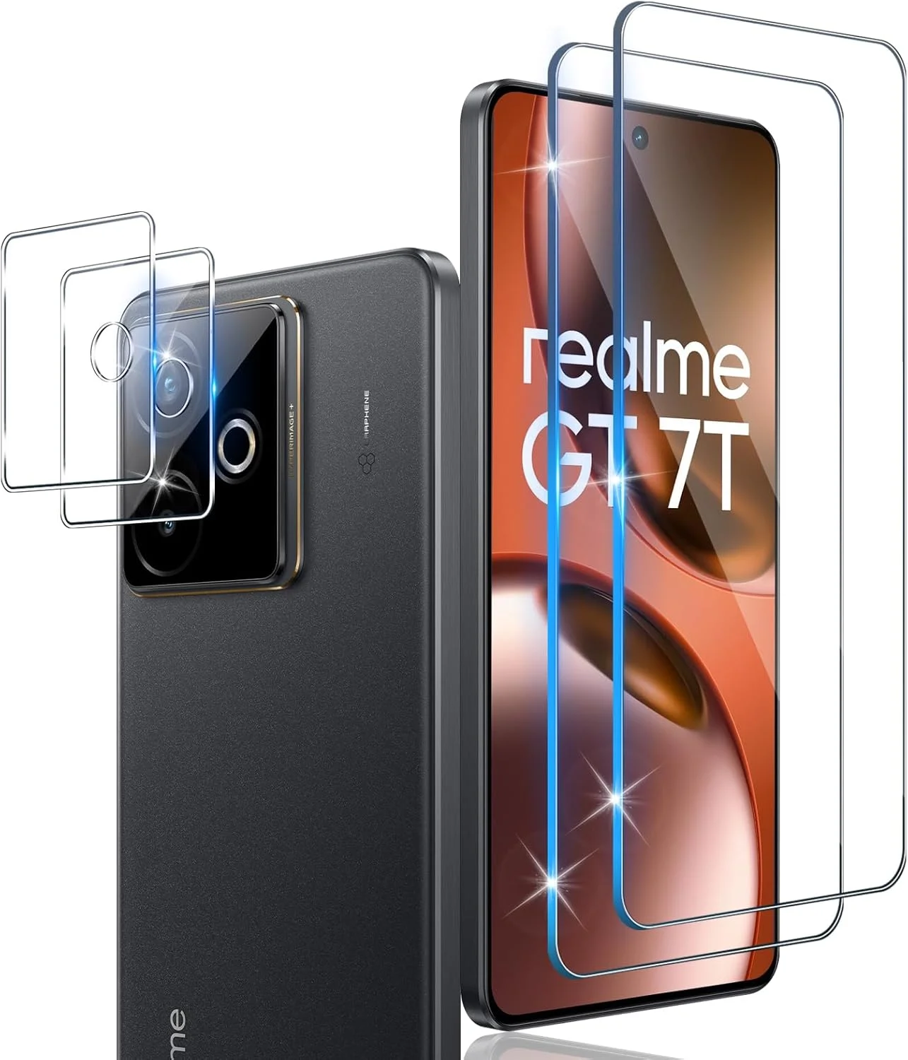 محافظ صفحه نمایش شیشه ای تمپرد Xunzii برای Realme GT 7 / Realme GT 7T 5G به همراه محافظ لنز دوربین عقب [2+2 تکه]، محافظ صفحه نمایش شیشه ای سخت با وضوح HD و سختی 9H بدون حباب