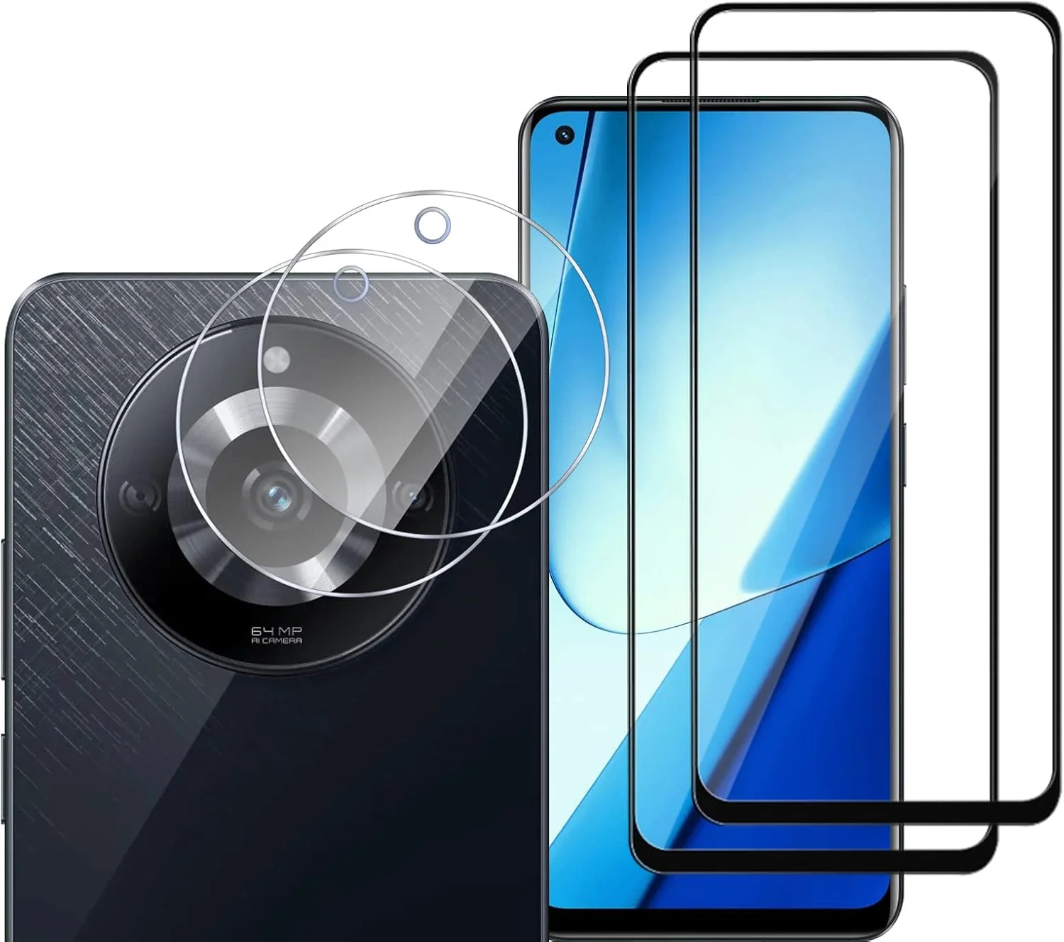 GMUJIAO بسته 2+2 سازگار با Realme 11 شامل محافظ صفحه نمایش شیشه ای و محافظ لنز دوربین، روکش شیشه ای حرارت دیده [بدون حباب][شفافیت HD] - مشکی
